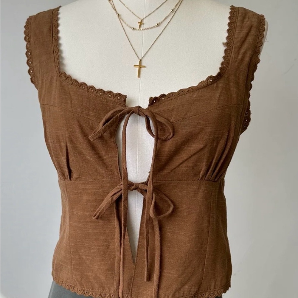 Brown Lace-Trimmed Tie-Front Top